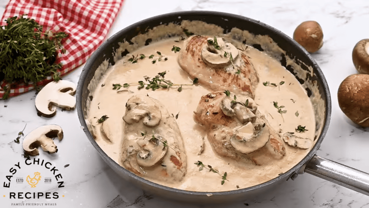 Creamy mushroom chicken in a sauce.