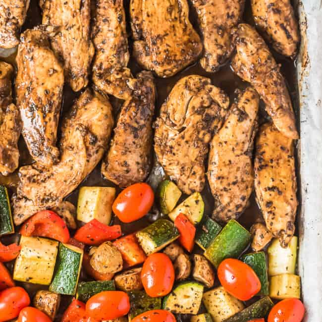 baked balsamic chicken on sheet pan with veggies