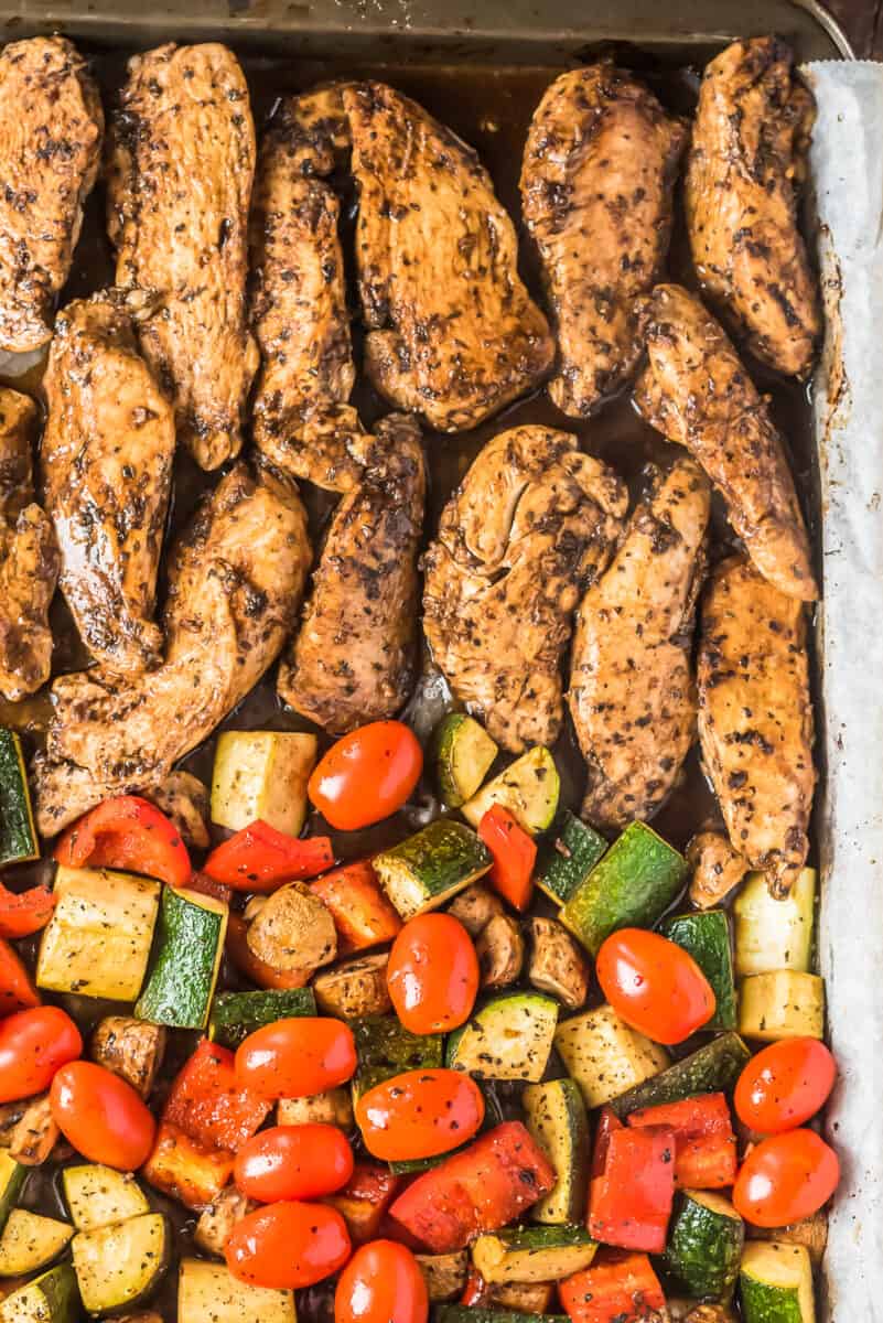baked balsamic chicken on sheet pan with veggies