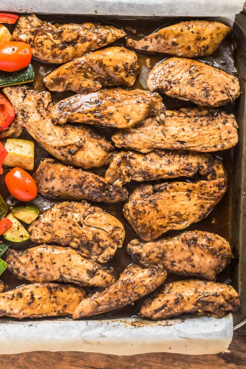 overhead image of balsamic chicken on sheet pan