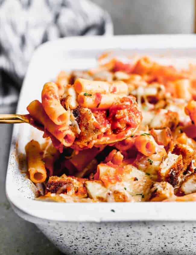 chicken parmesan baked ziti in baking dish