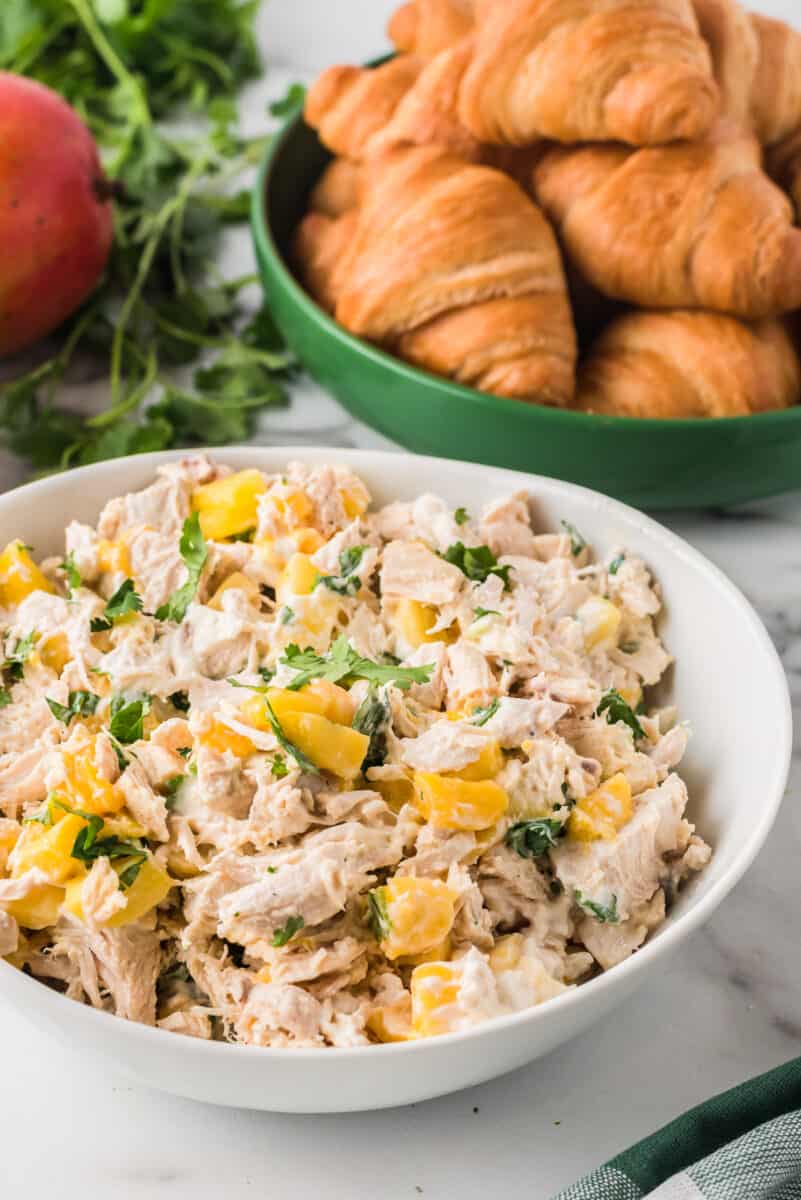 side shot of chicken salad with mango in a bowl