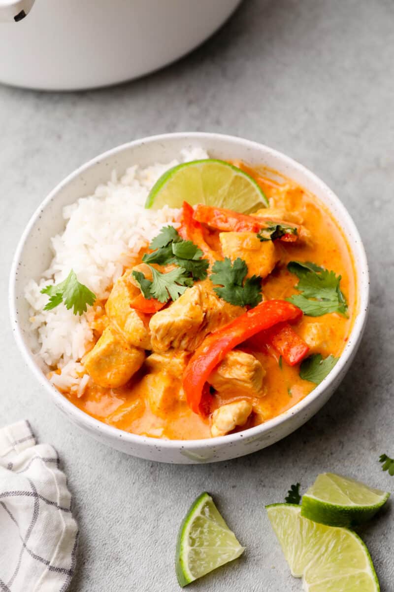 white bowl filled with red curry chicken