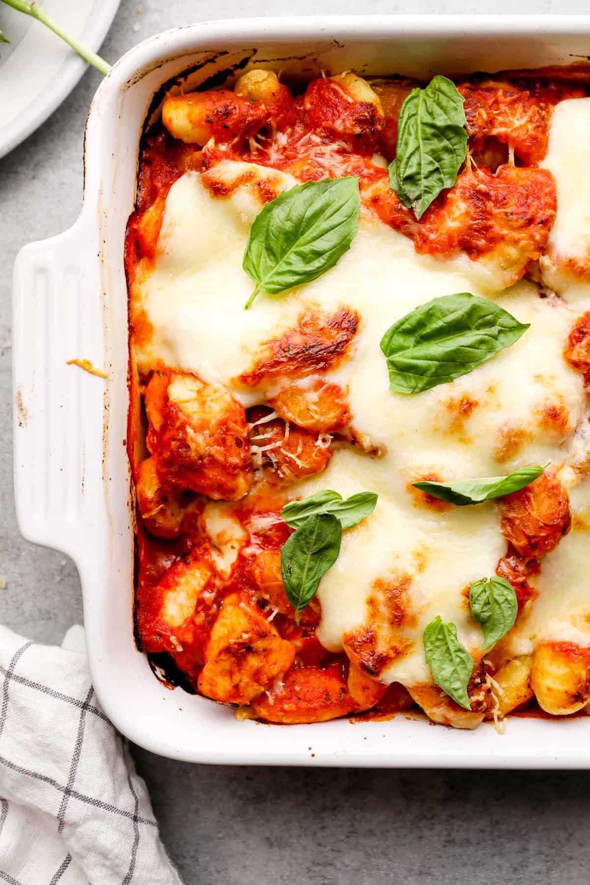 chicken parmesan gnocchi bake in casserole dish