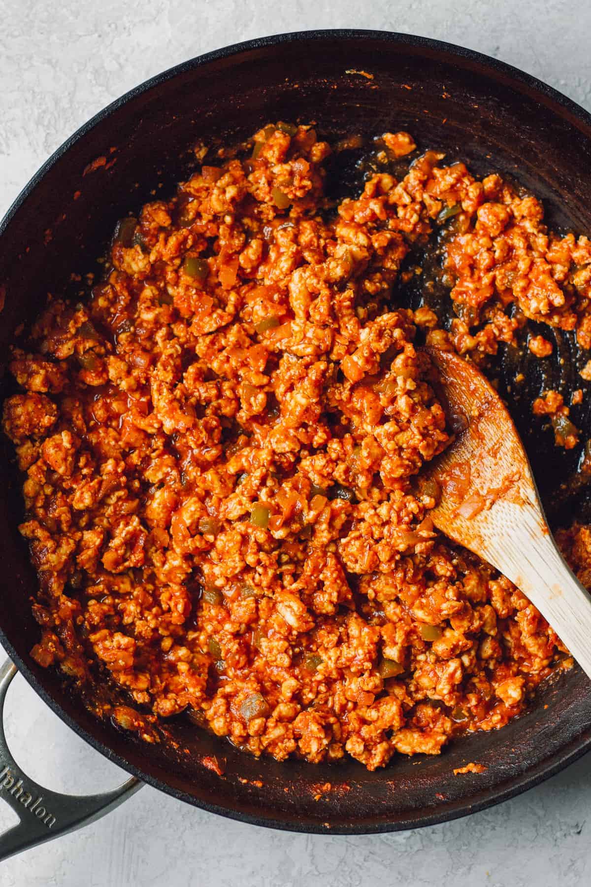 ground chicken sloppy joes mixture in skillet