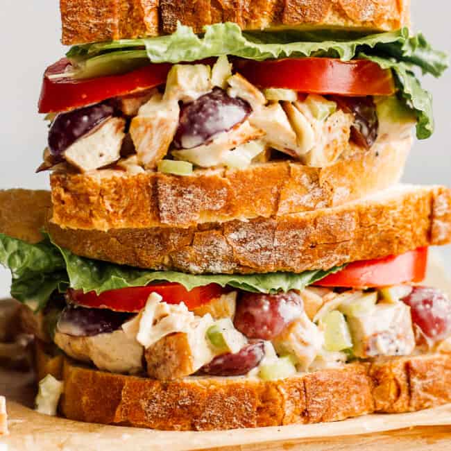 up close image of panera napa almond chicken salad sandwiches