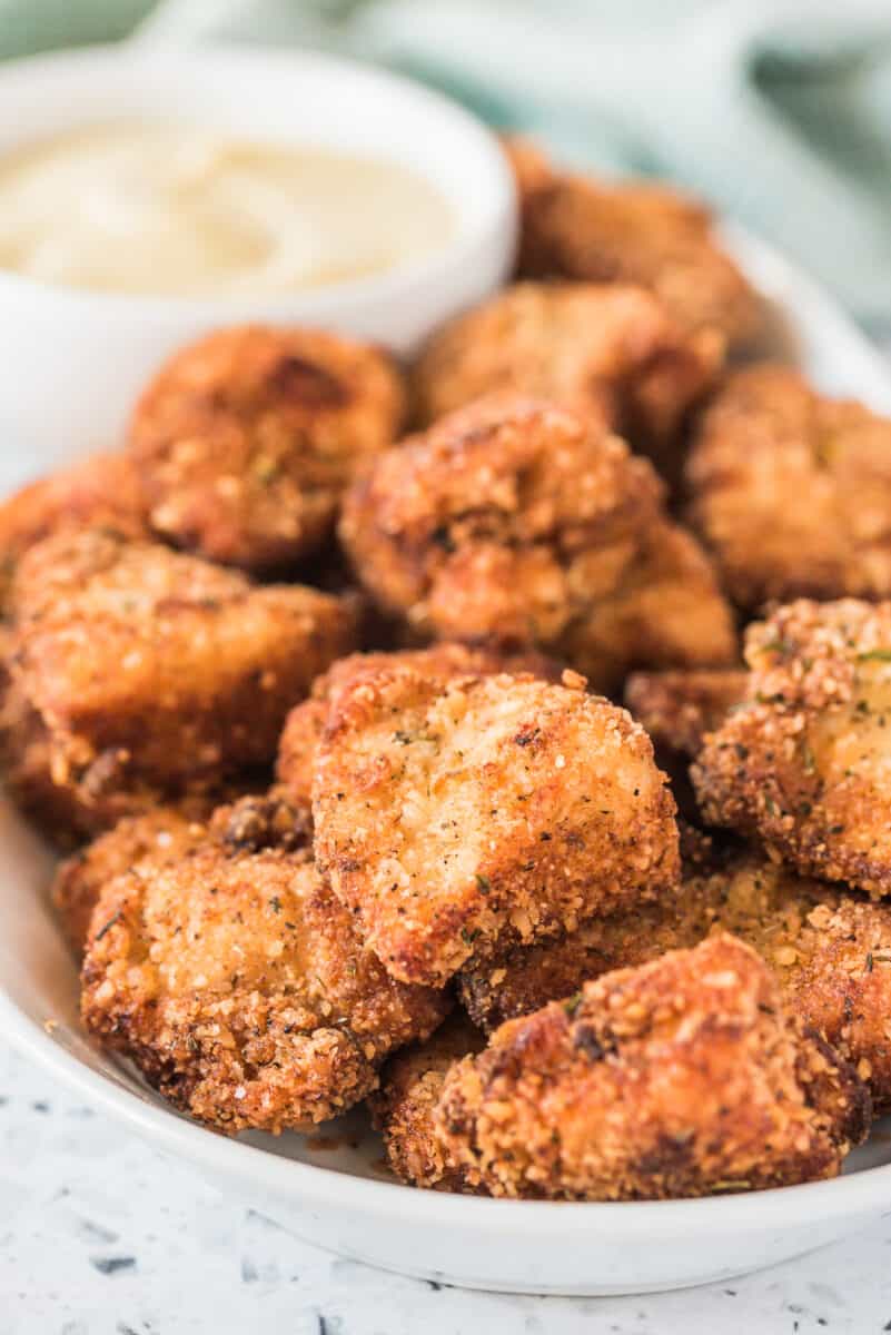 up close image of breaded chicken nuggets