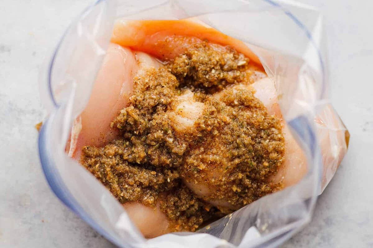 chicken in jerk marinade in ziplock bag