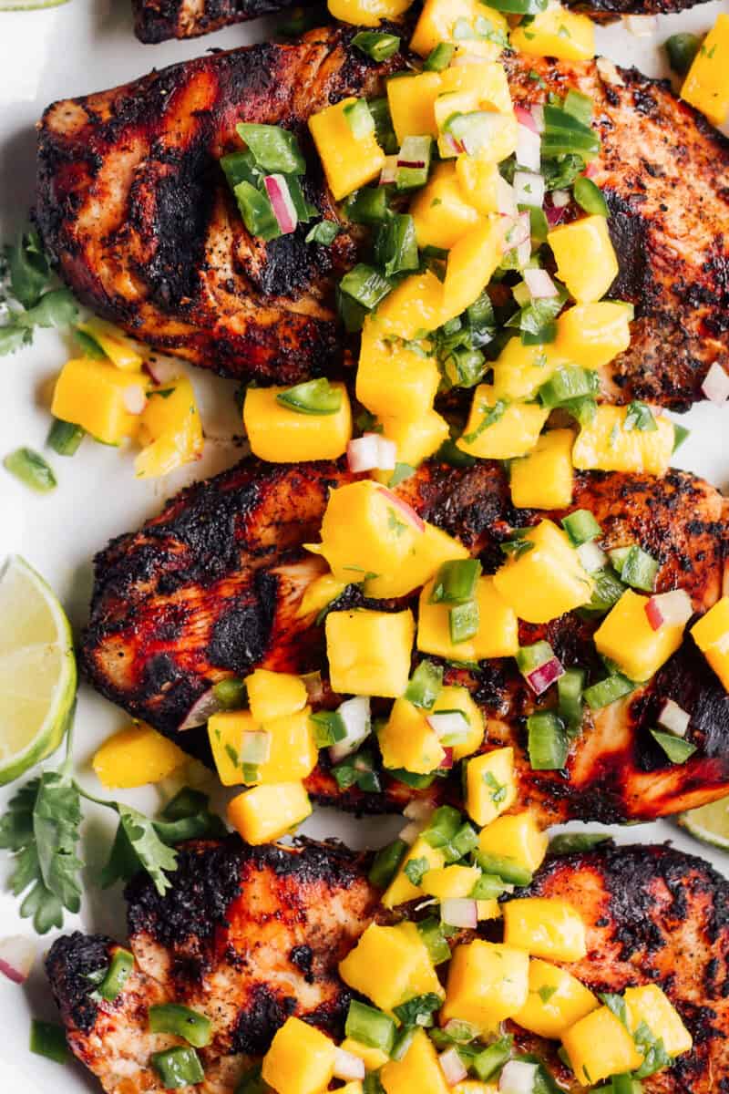 up close image of chicken with pineapple salsa