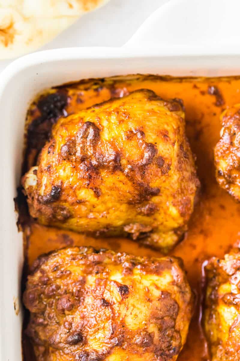 tandoori chicken thighs in baking dish