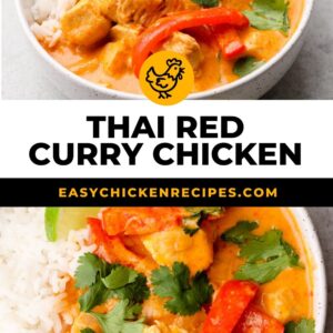 Bowl of Thai red curry chicken with rice.
