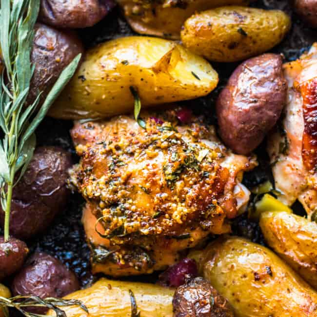baked honey mustard chicken thighs with potatoes