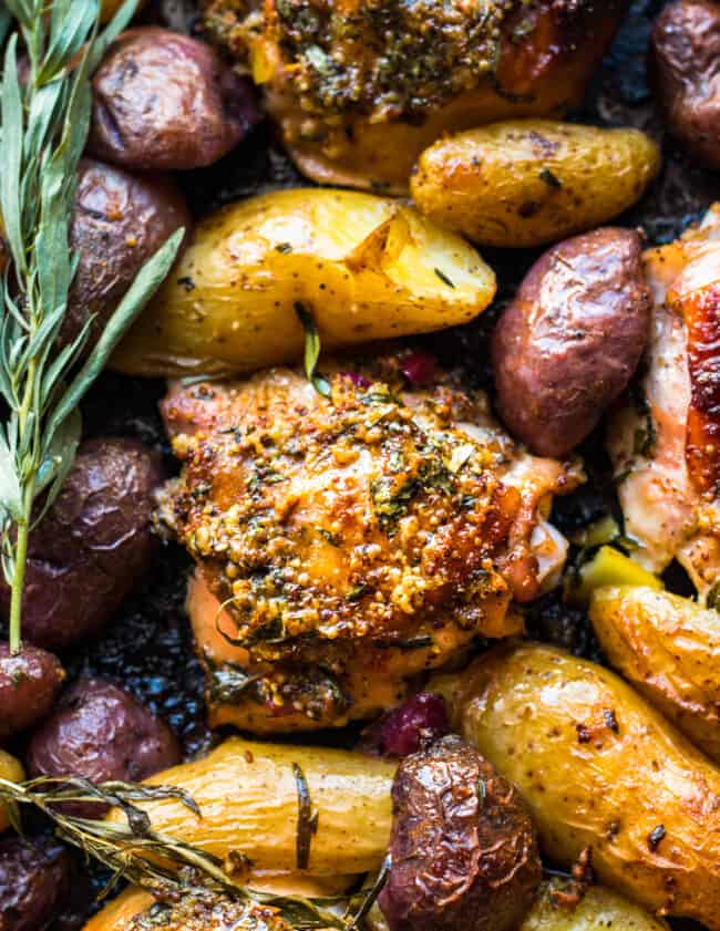 baked honey mustard chicken thighs with potatoes