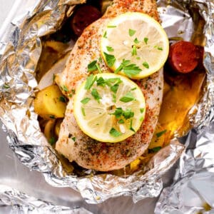 baked lemon foil packet on sheet pan