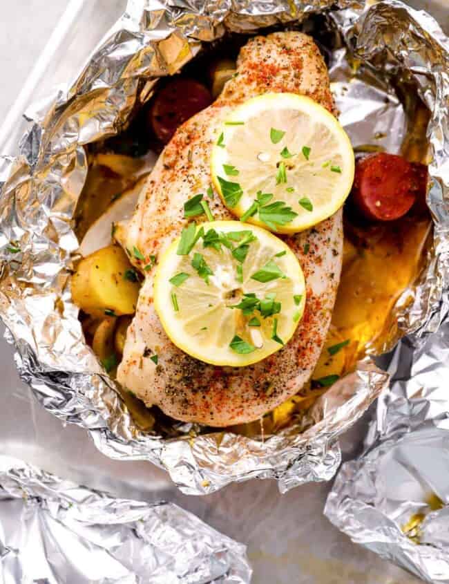 baked lemon foil packet on sheet pan