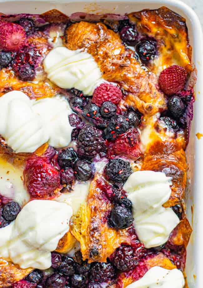 croissant french toast bake with berries and cream