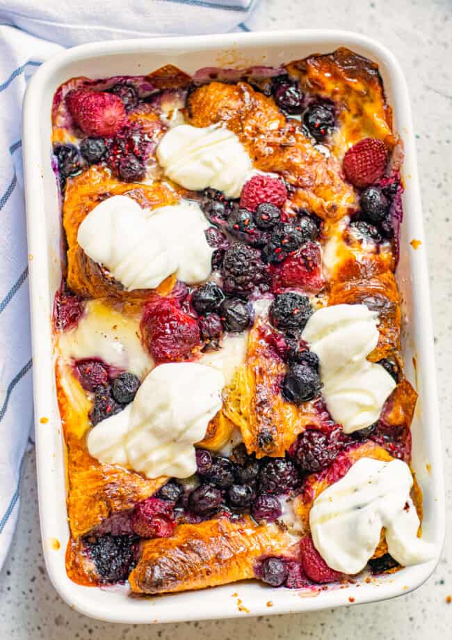 croissant french toast casserole in baking dish