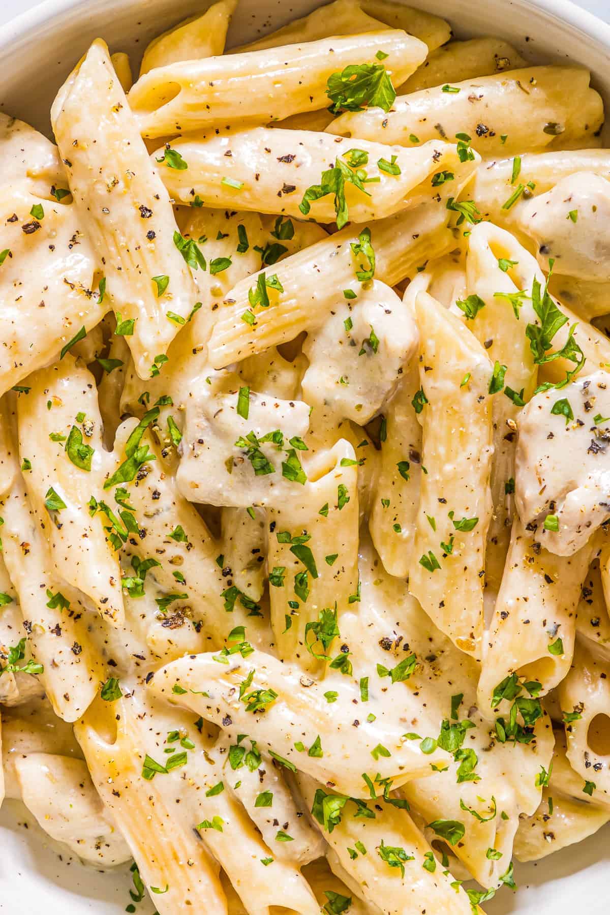 up close image of instant pot cheesy chicken penne