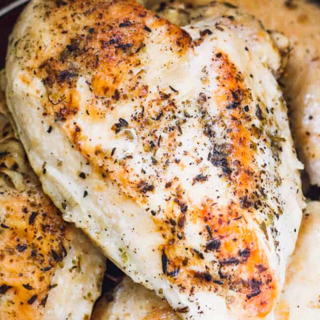 up close image of chicken breasts cooked in instant pot