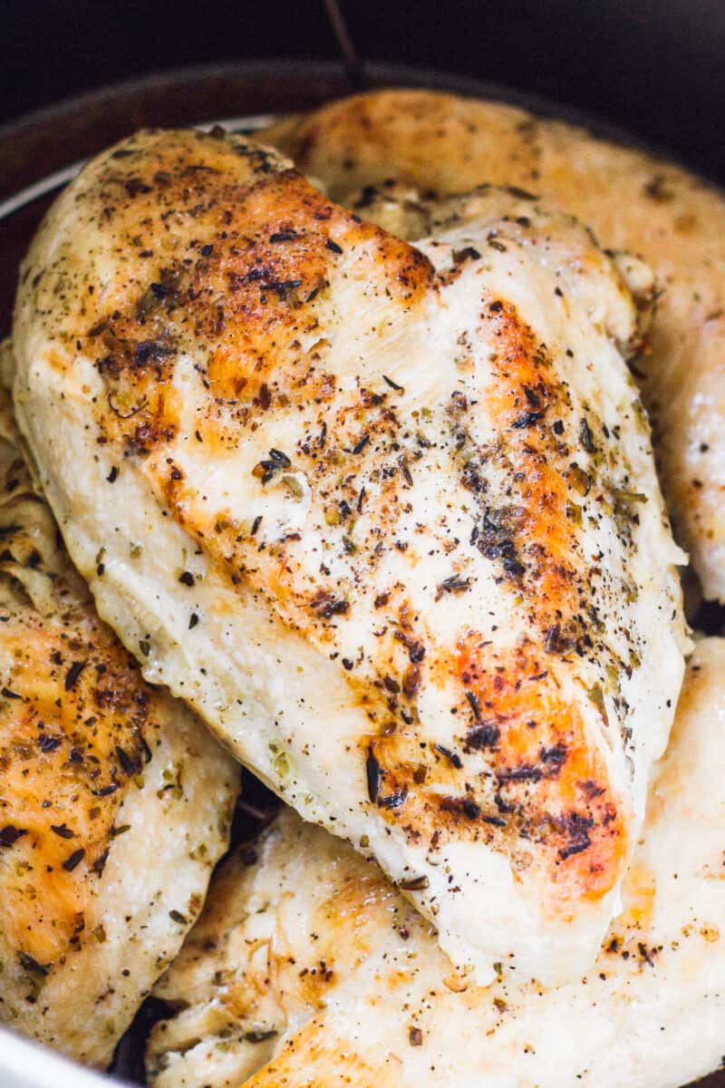 up close image of chicken breasts cooked in instant pot
