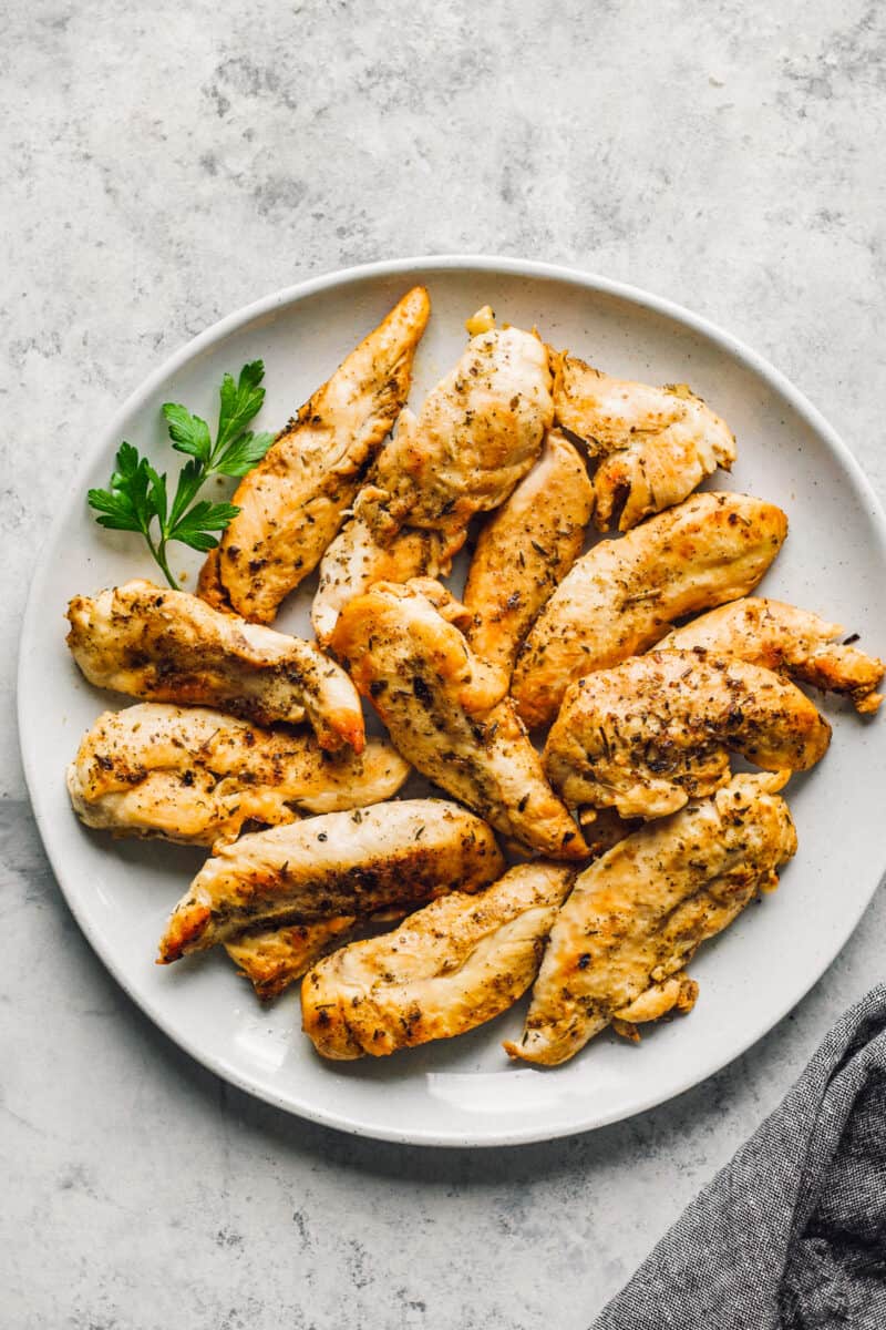 instant pot chicken tenders on white plate