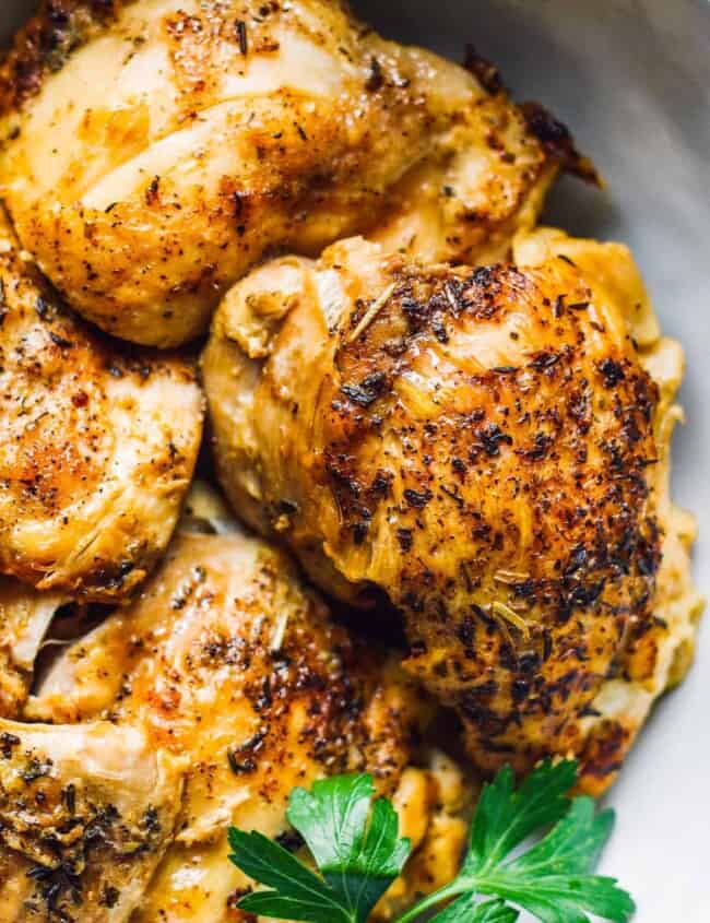 up close image of chicken thighs cooked in instant pot