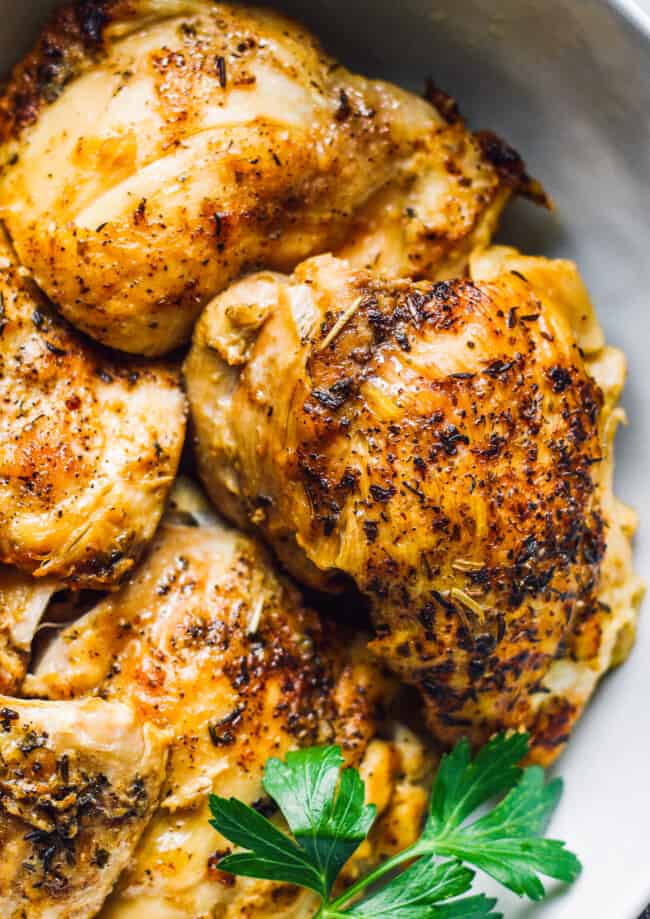 up close image of chicken thighs cooked in instant pot