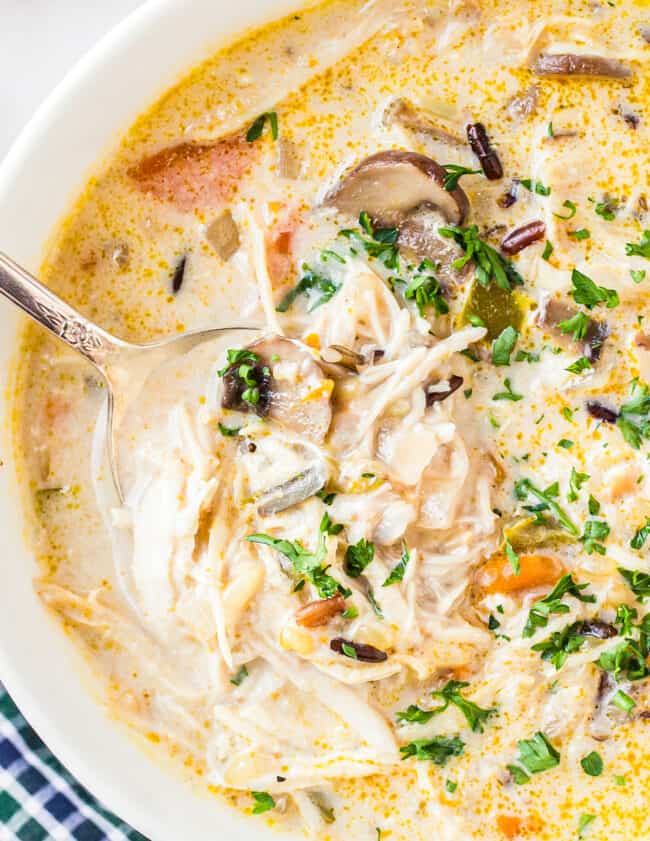 bowl of instant pot chicken wild rice soup