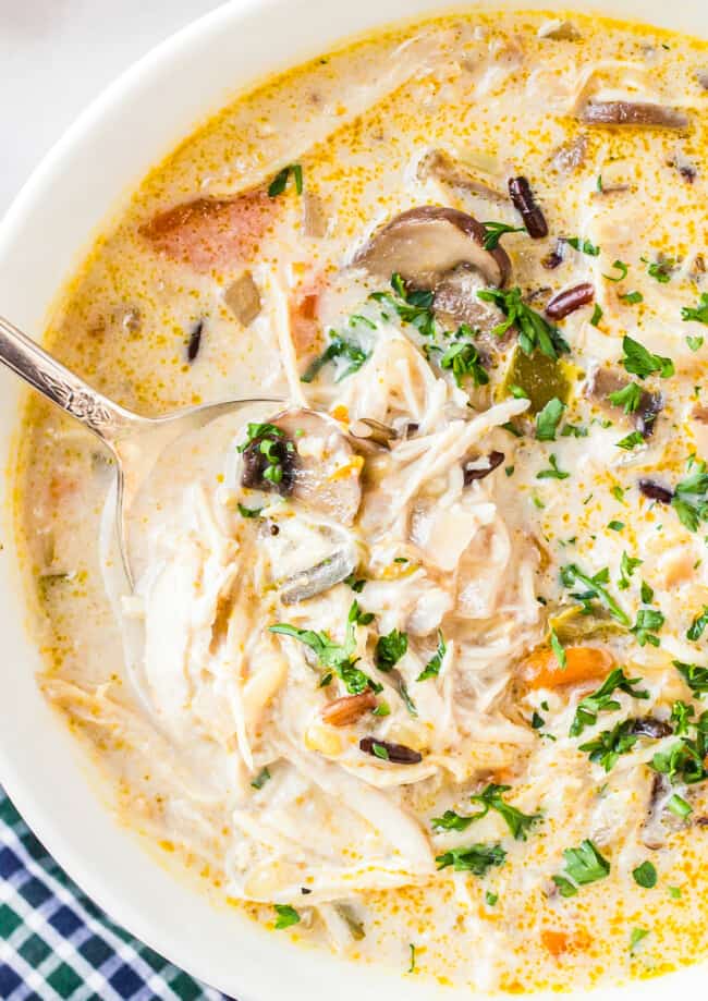 bowl of instant pot chicken wild rice soup