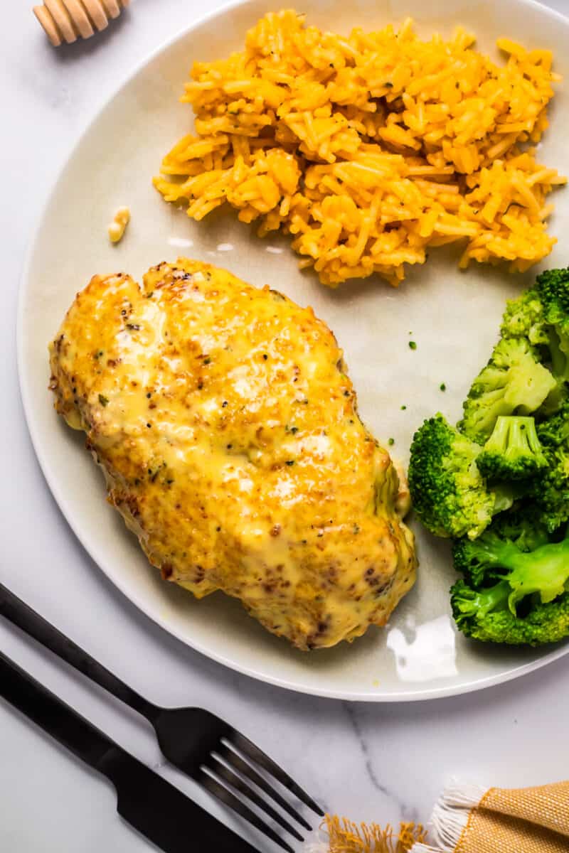 honey mustard chicken breast with rice and broccoli