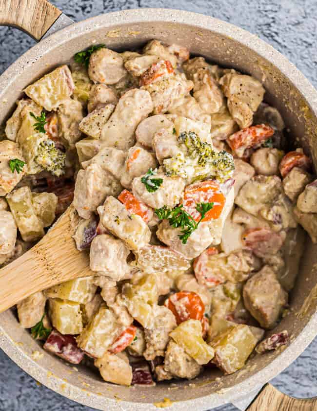 pot of creamy chicken stew with spoon