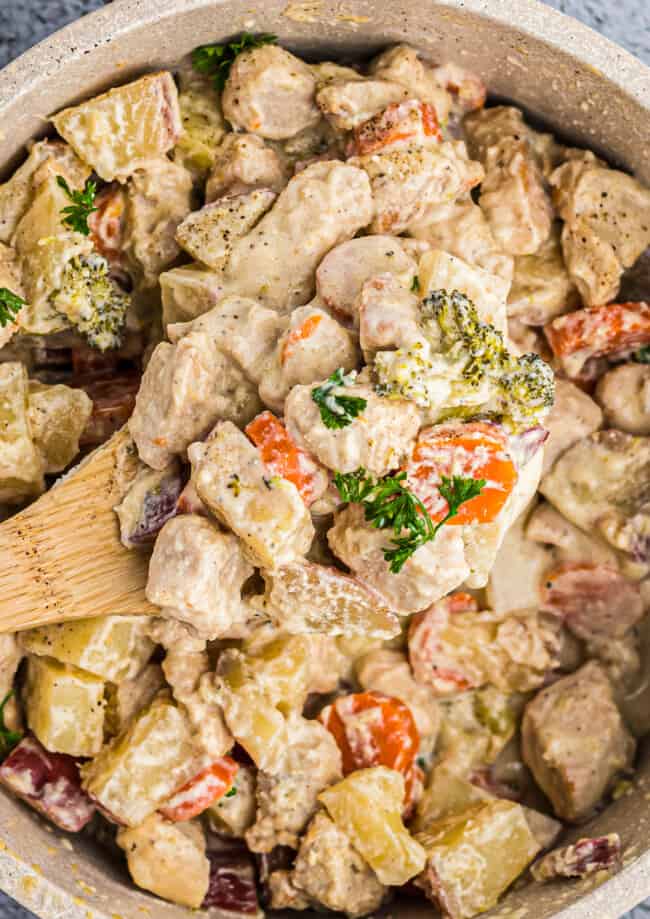 up close image of chicken stew with wooden spoon