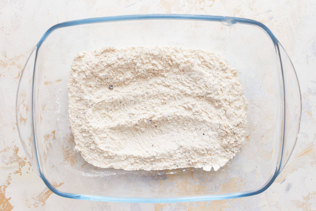 flour in a glass dish.