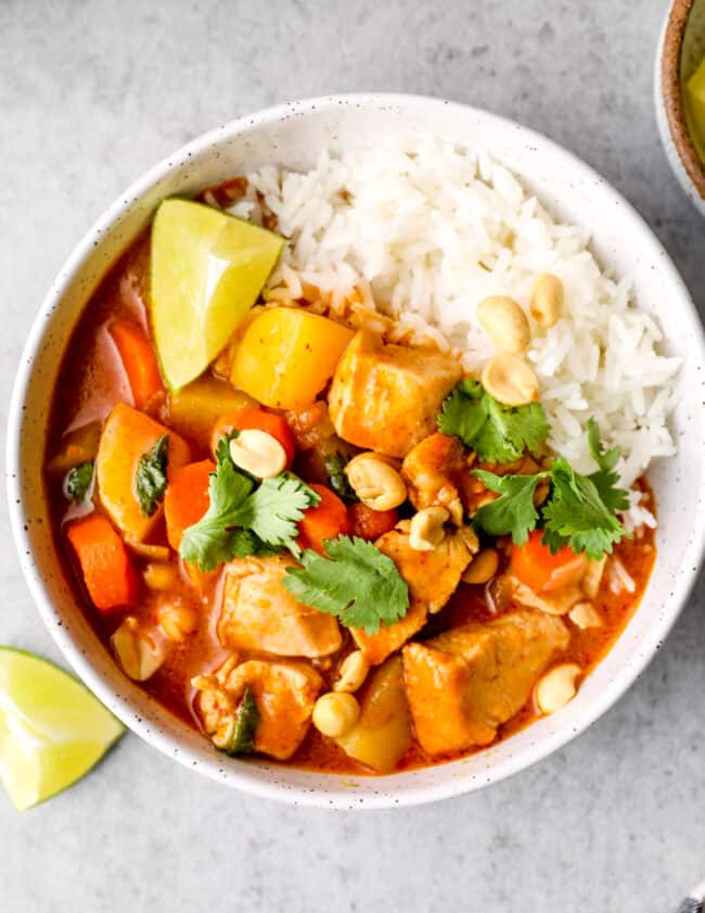 up close image of chicken massaman curry with white rice
