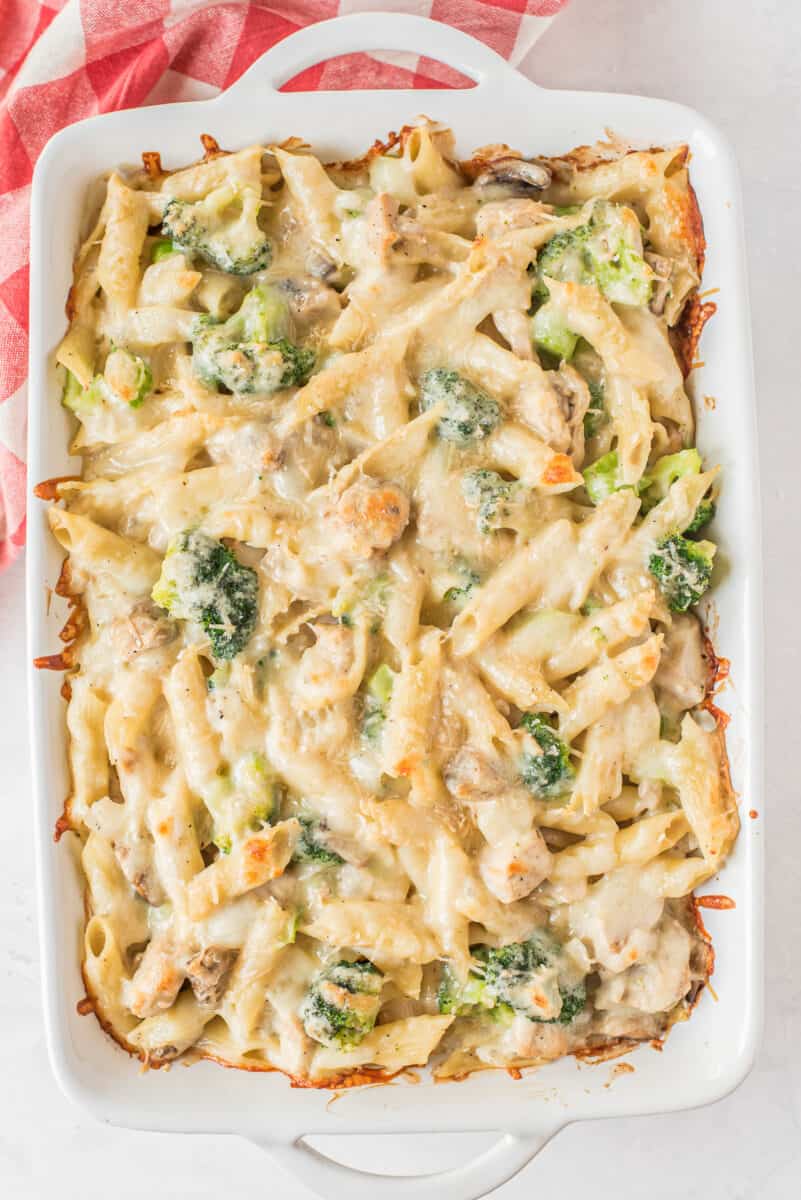 chicken and broccoli pasta bake in baking dish
