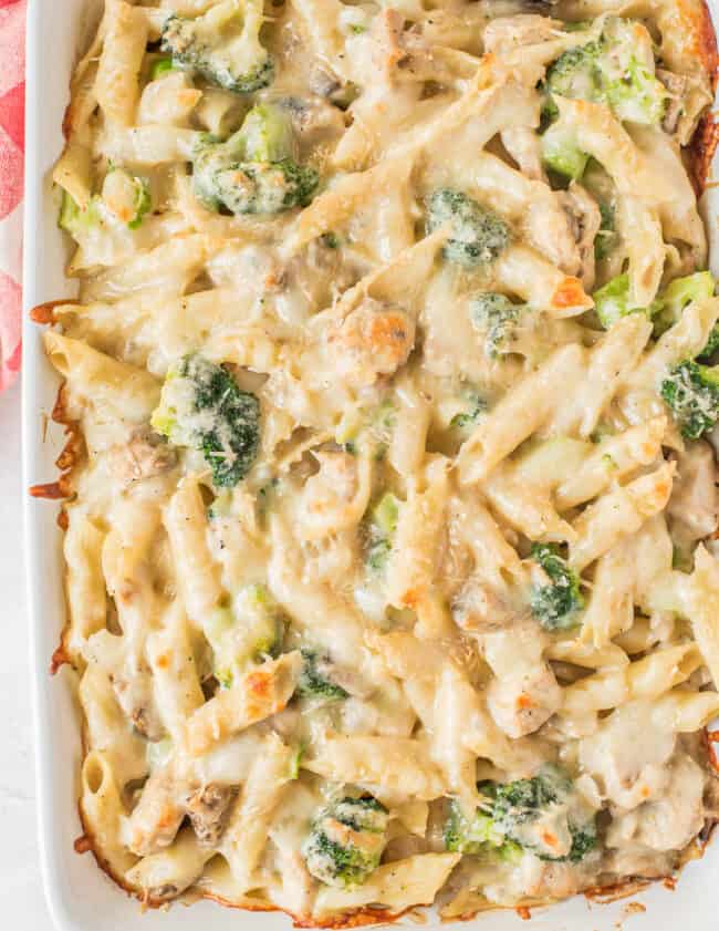 chicken pasta with broccoli in baking dish