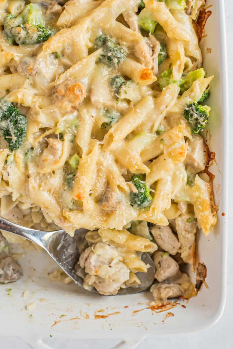baking dish with chicken pasta with broccoli
