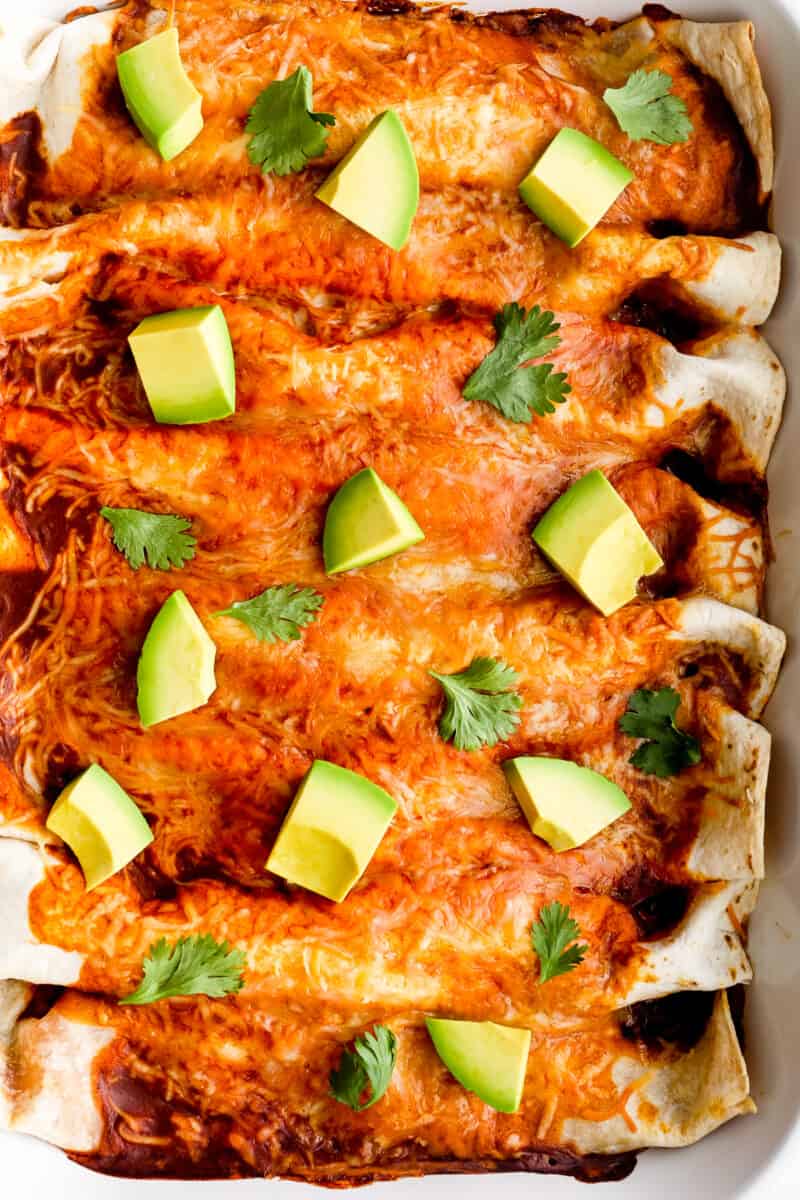 Up close image of red chicken enchiladas topped with avocado.