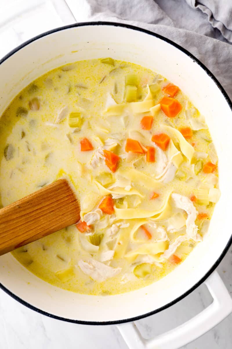 pot of creamy chicken noodle soup with wooden spoon