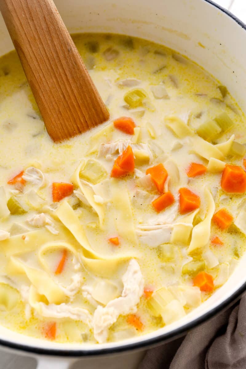 up close image of creamy chicken noodle soup in pot