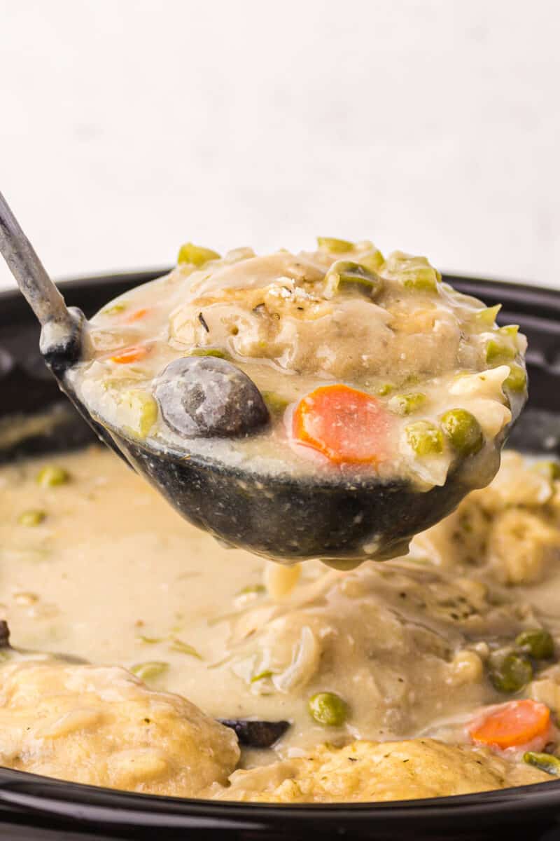lifting up spoonful of crock pot chicken and dumplings