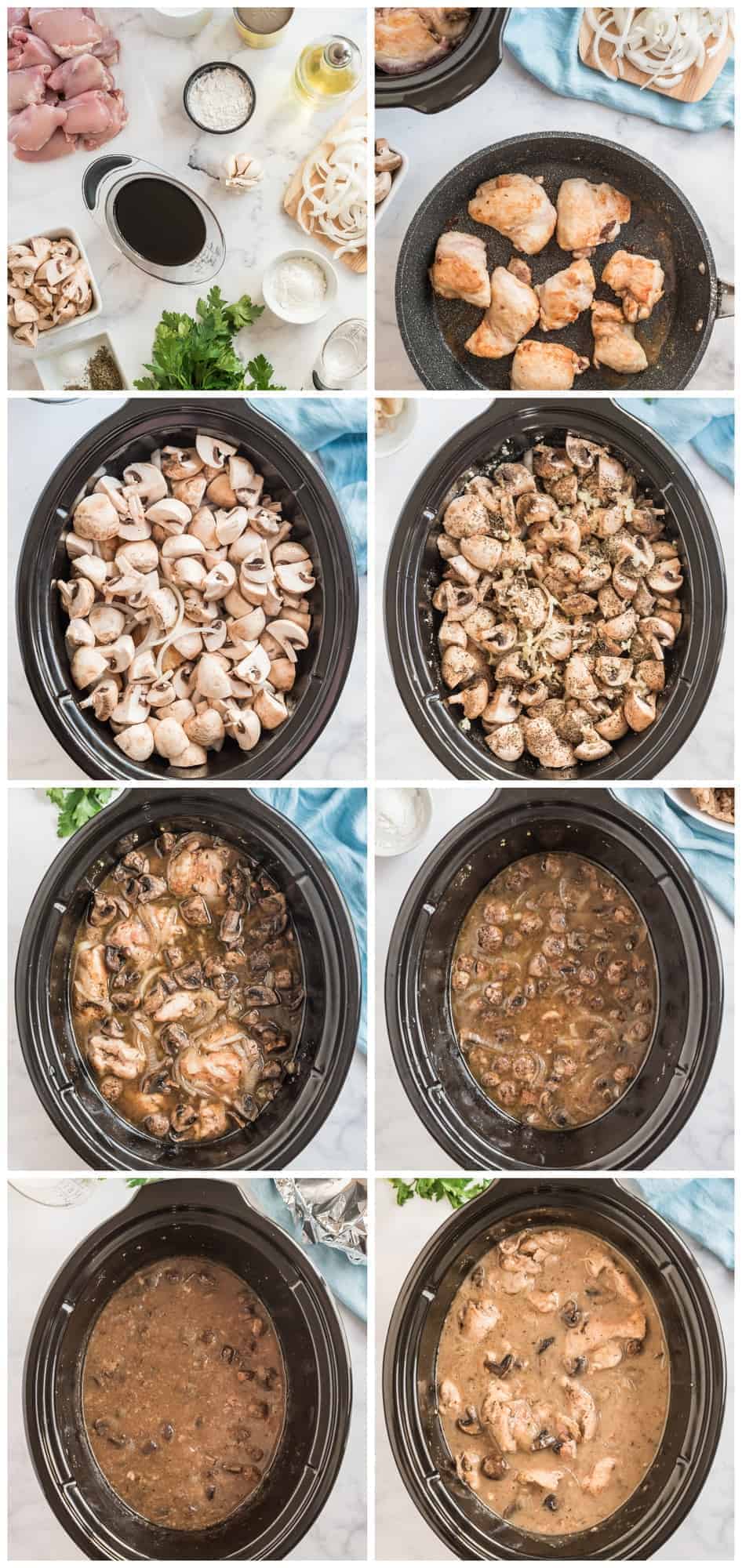 Step by step photos showing how to make chicken marsala in slow cooker.