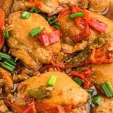 up close image of adobo chicken thighs on platter