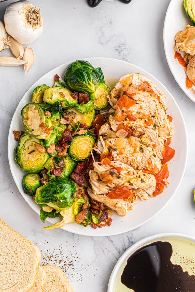 instant pot balsamic chicken with brussels sprouts on plate