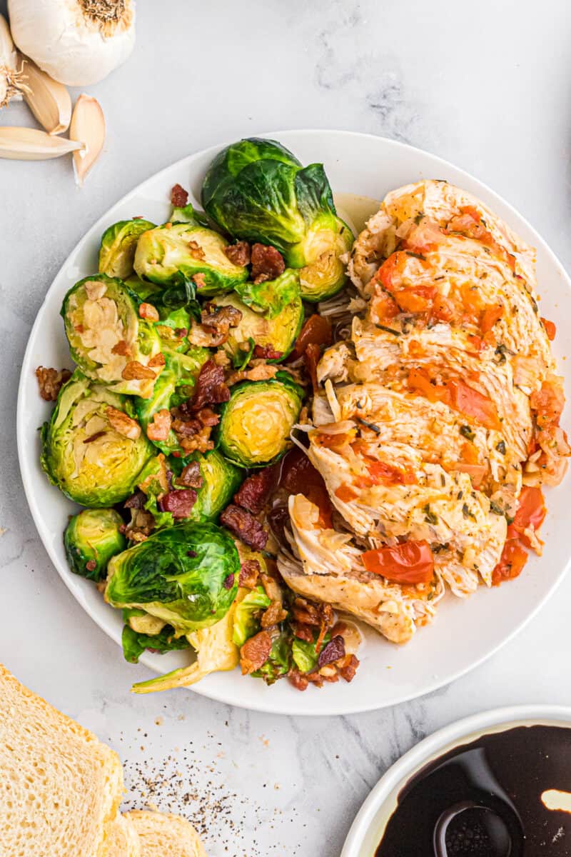 balsamic chicken and brussels sprouts on plate