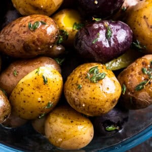 closeup of roasted baby potatoes.