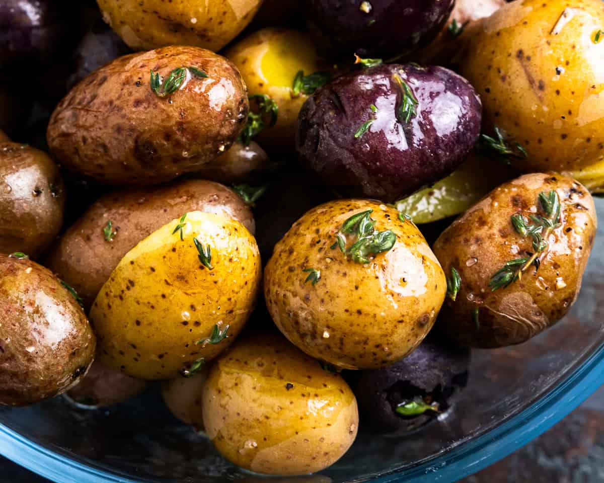 closeup of roasted baby potatoes.