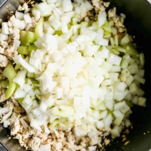 ground chicken and onions in pot