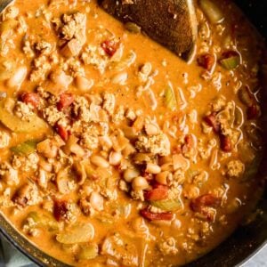 creamy buffalo chicken chili in pot