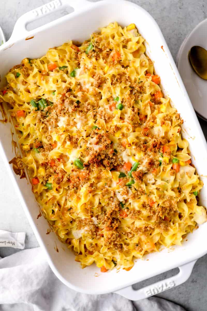 up close chicken noodle casserole in baking dish